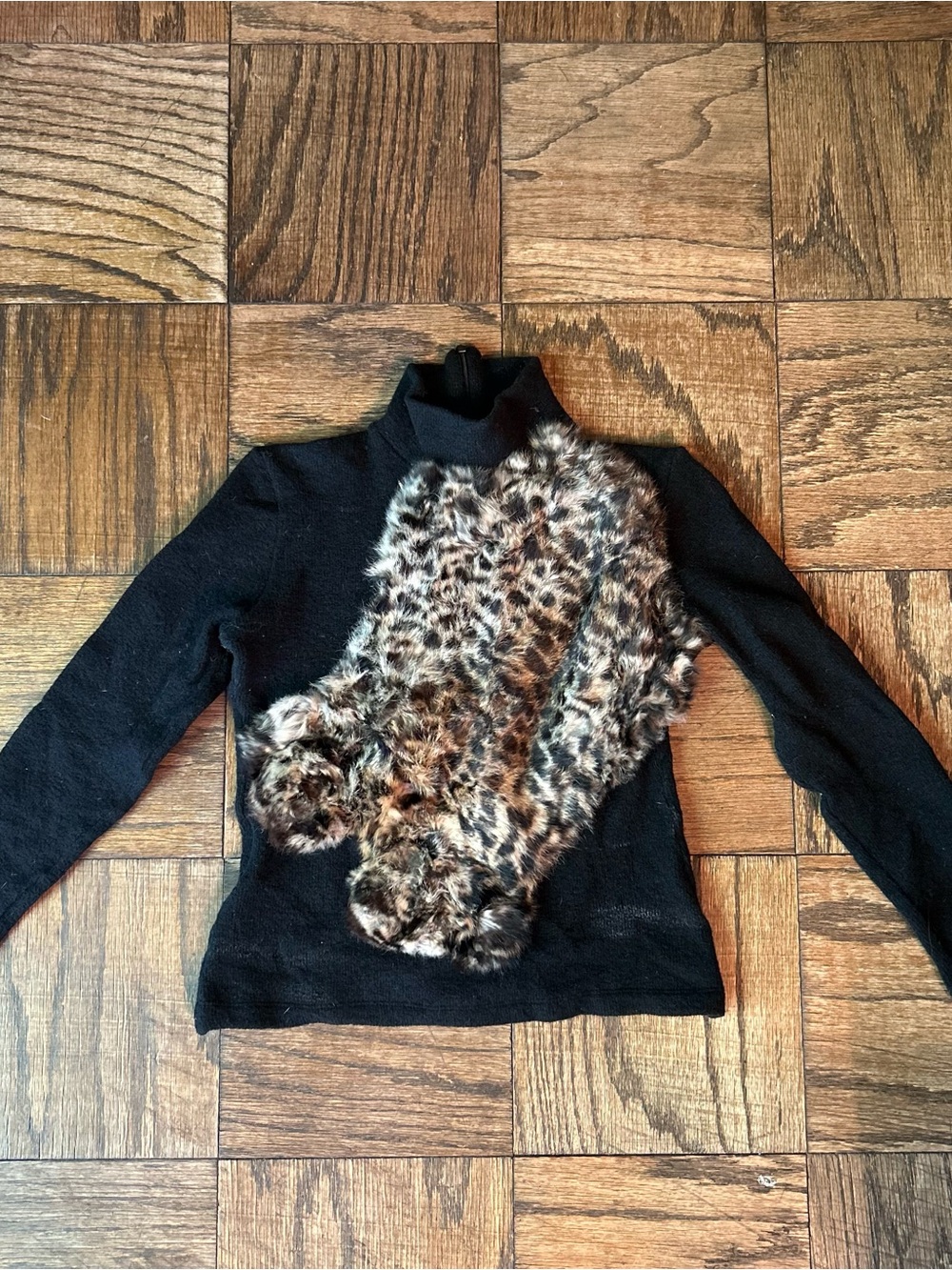 Black Mock-neck Sweater with Leopard Faux Fur Accent